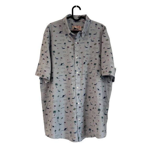 Huk Fishing Beer Boat Marlin Flag Palm Tree Print Performance Shirt Mens XL - Picture 1 of 6